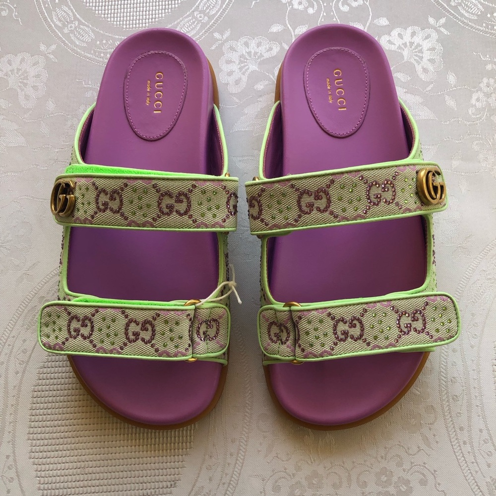 Gucci Crystal Canvas Purple/Lime GG Slides Sandals Women’s Size 39+ US-9 Shoes - Picture 9 of 14